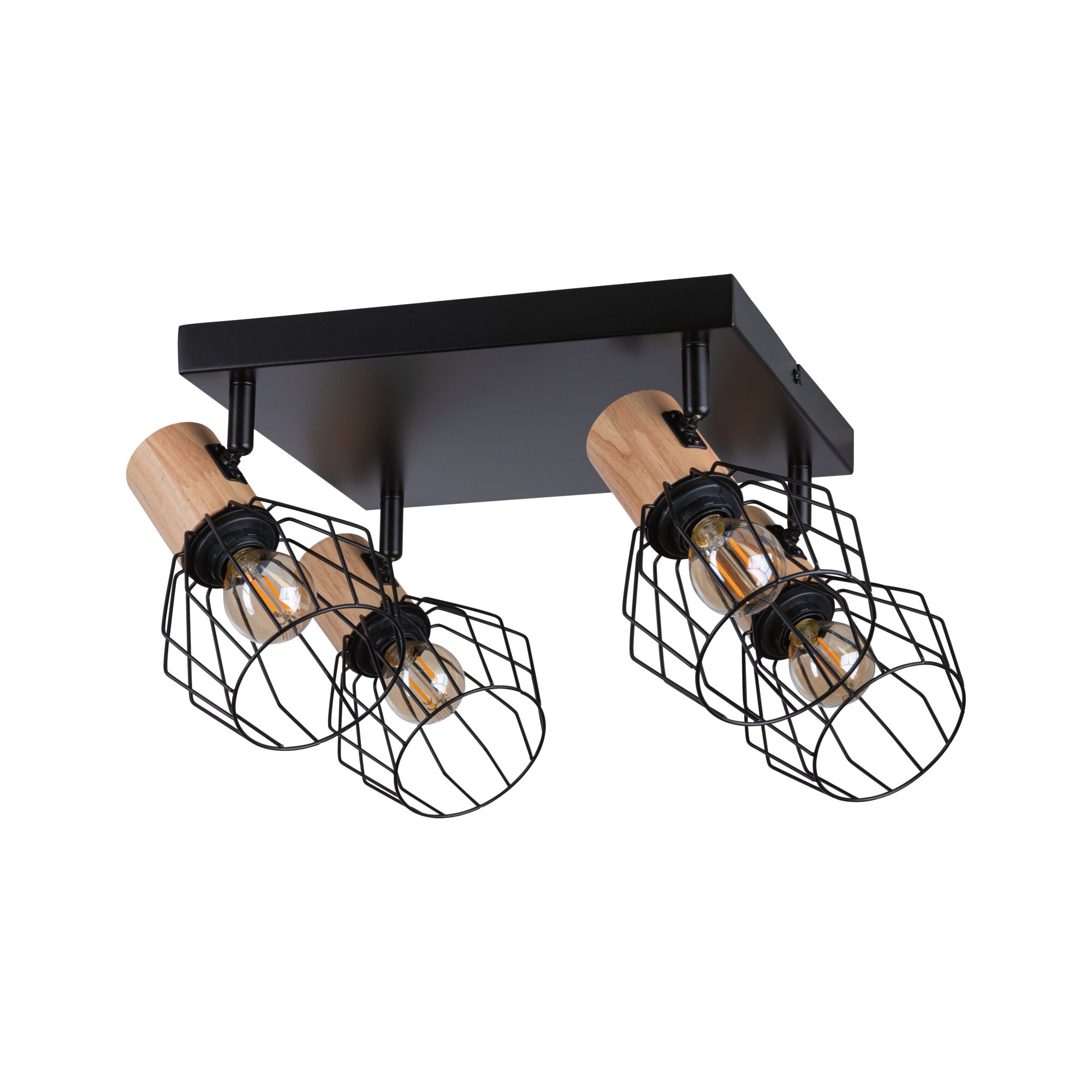 Deckenleuchte mit vier schwarzen Metallgitterschirmen und Holzdetails für modernes Wohnambiente
