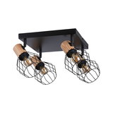 Plafondlamp met vier zwarte metalen kooilampen en houten accenten voor moderne verlichting