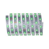 Bande LED flexible avec LEDs vertes sur circuit argenté pour éclairage décoratif.