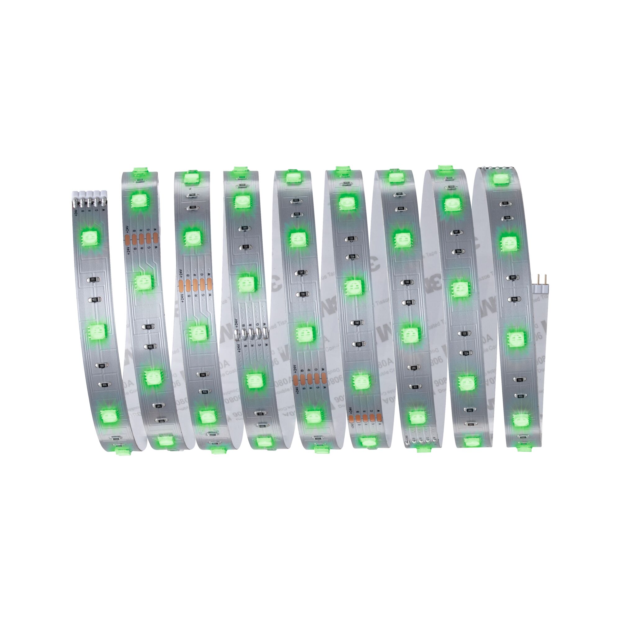 Bande LED flexible avec LEDs vertes sur circuit argenté pour éclairage décoratif.