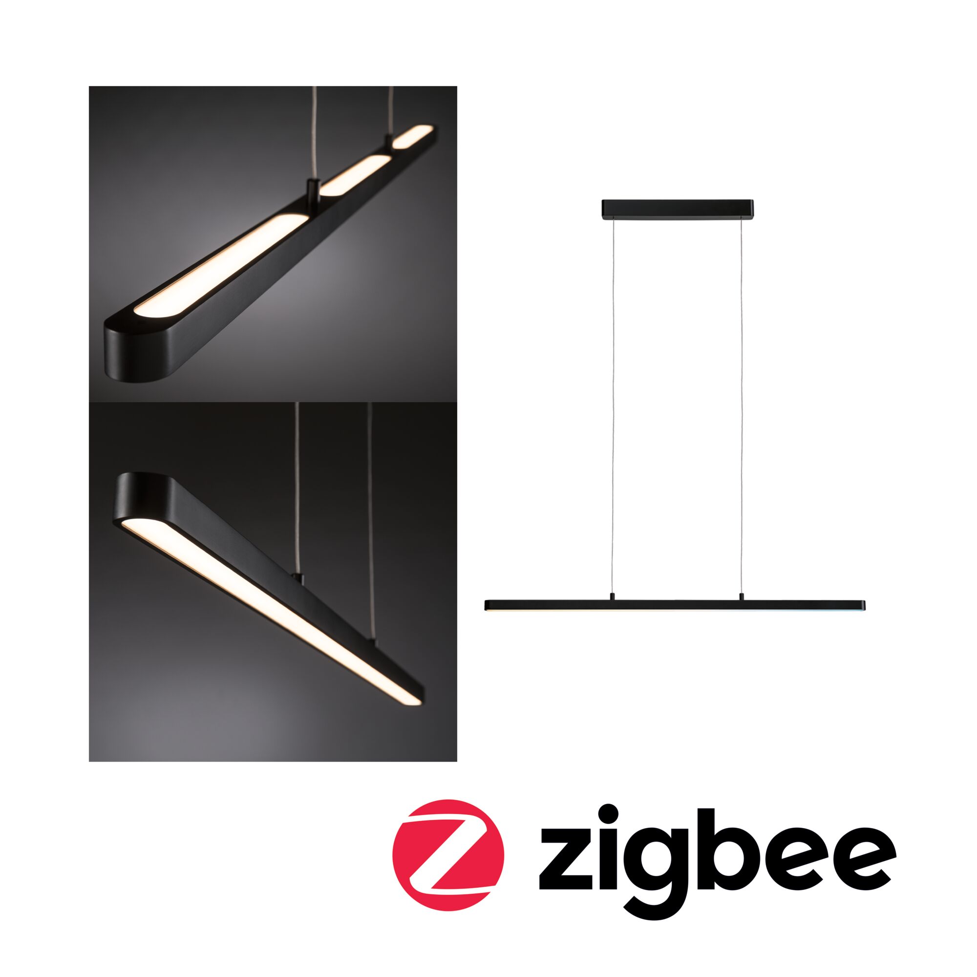 Black metal LED pendant light with warm white illumination and slim design for modern interiors