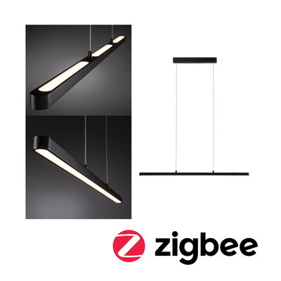 Zwarte metalen LED-hanglamp met warm wit licht en slank ontwerp voor moderne interieurs