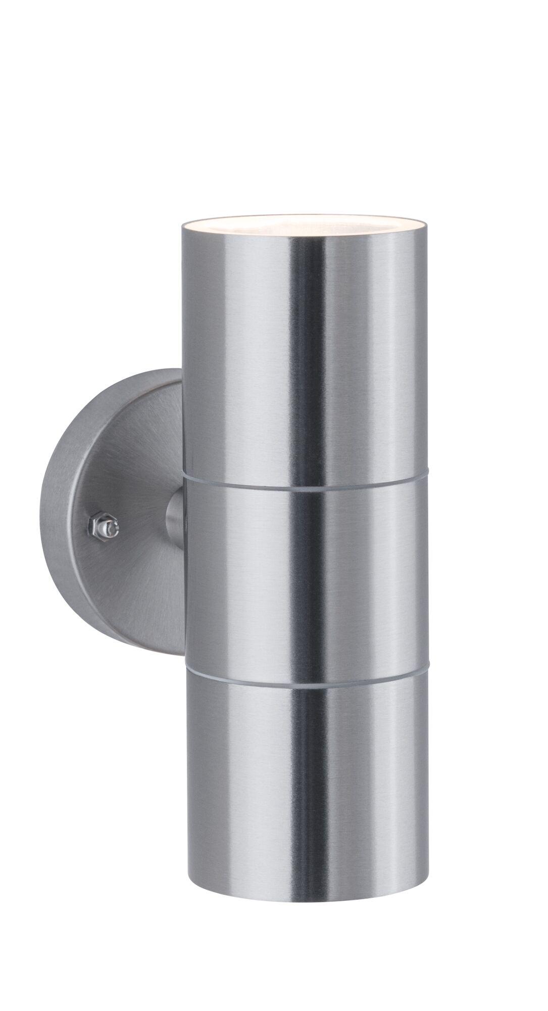 Modern stainless steel wall light in silver with cylindrical design for outdoor lighting