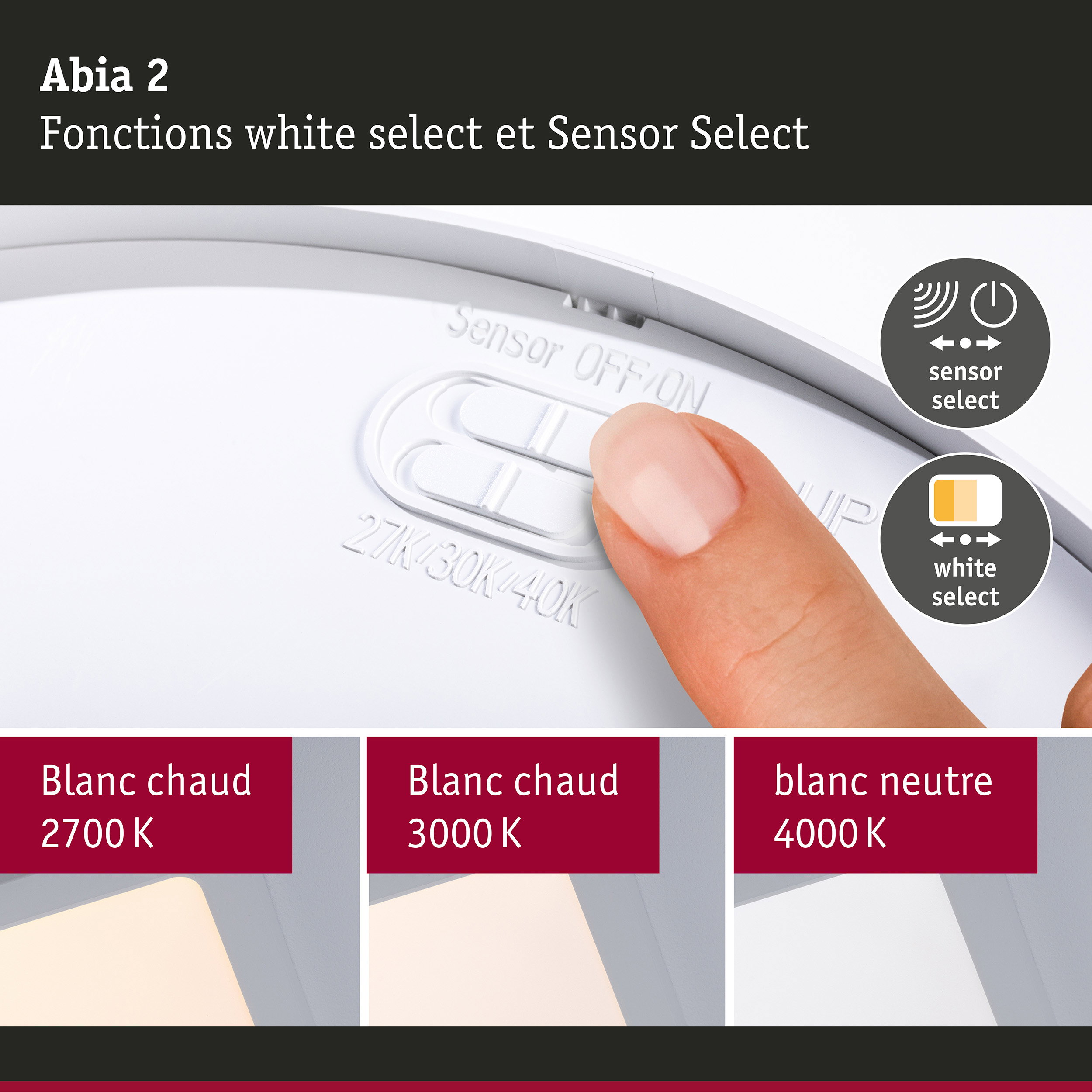 Panneau LED Abia 2 White Select Détecteur de mouvement crépusculaire (HF) carré 400x400mm 16W 1400lm White Select Blanc
