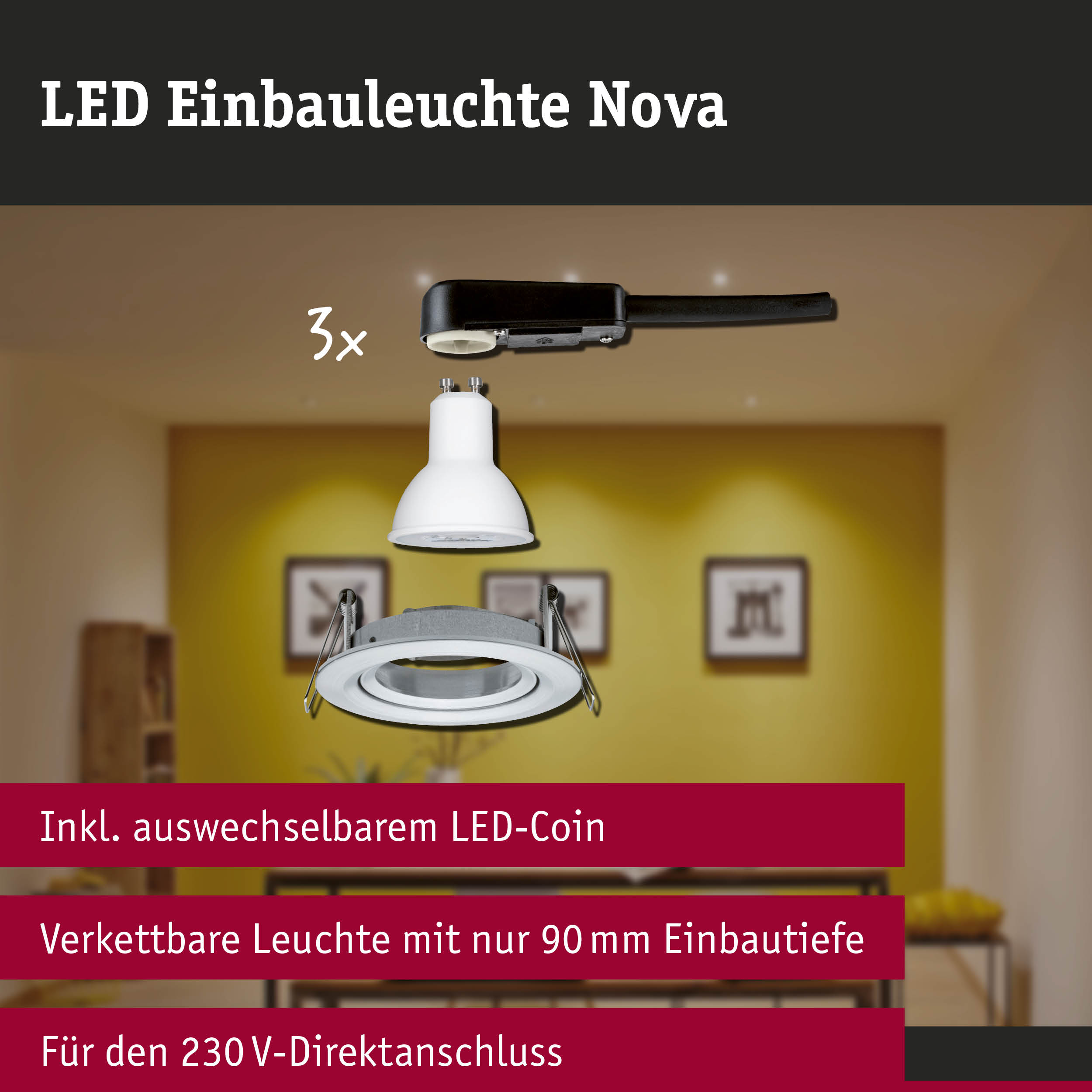 LED Einbauleuchte 3-Step-Dim Nova Basisset schwenkbar rund 84mm 50° GU10 3x6,5W 3x460lm 230V dimmbar 2700K Alu gedreht