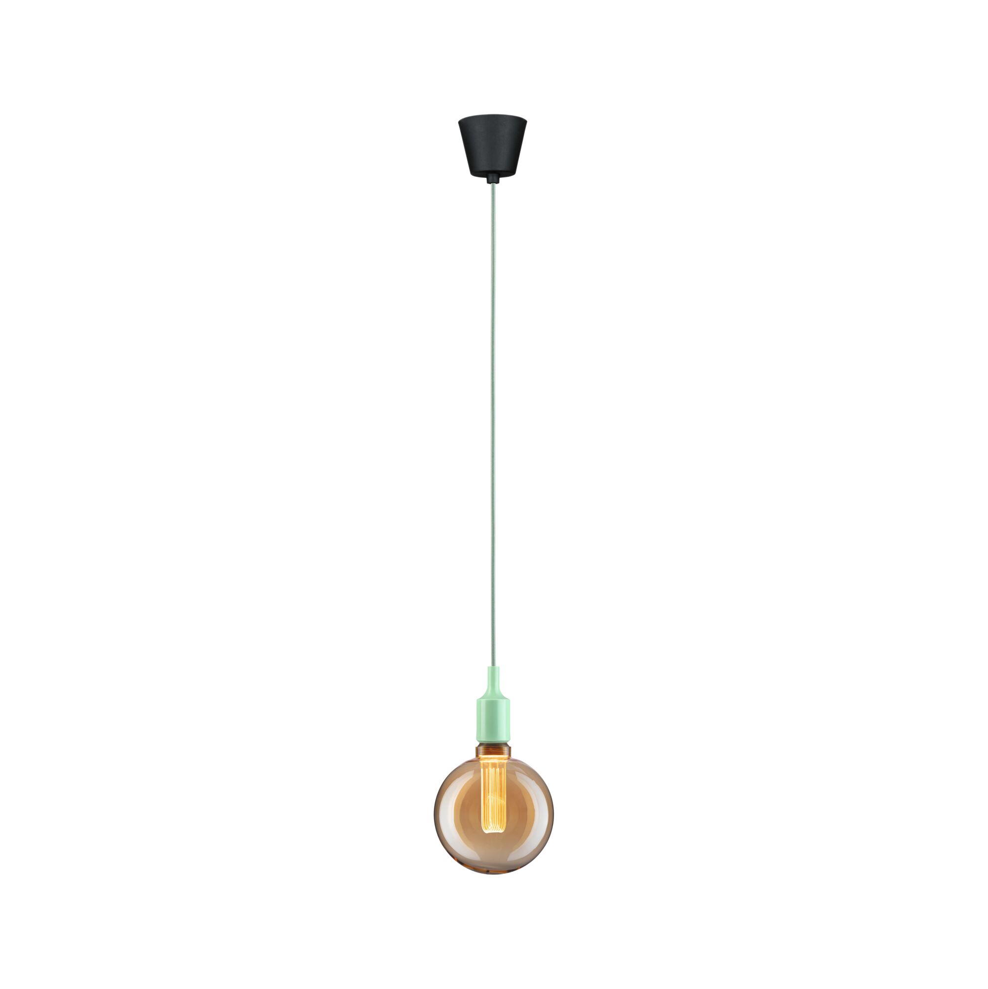 Hängelampe mit brauner Glaskugel und mintgrünem Fassungsteil, moderner LED-Leuchtmittel-Lampe