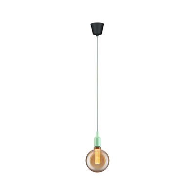 Pendant lamp with brown glass globe and mint green socket, modern LED light bulb fixture
