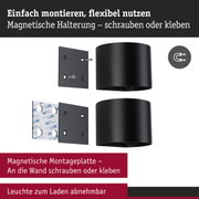 Schwarze magnetische Montageplatte und Leuchte mit Schrauben und Klebefläche für flexible Wandbefestigung