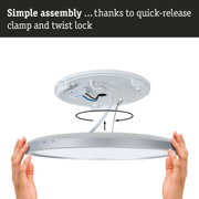 White LED ceiling light with silver trim and easy installation using quick-release clamp