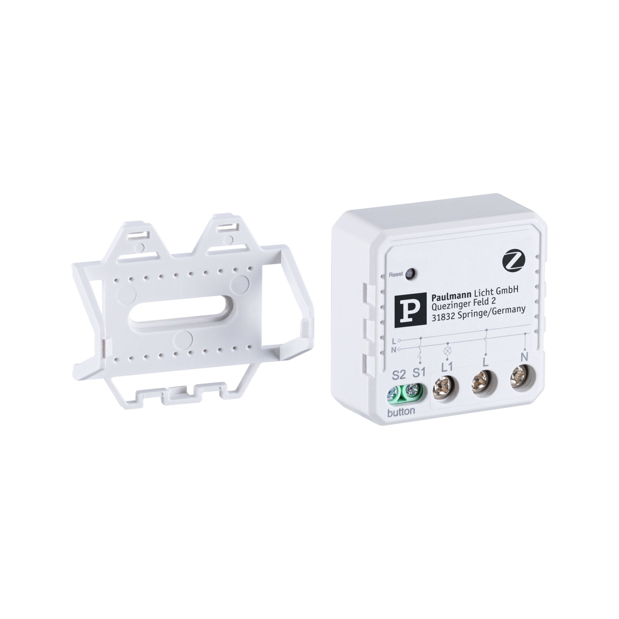 White electrical control unit with plastic mounting bracket for lighting technology.