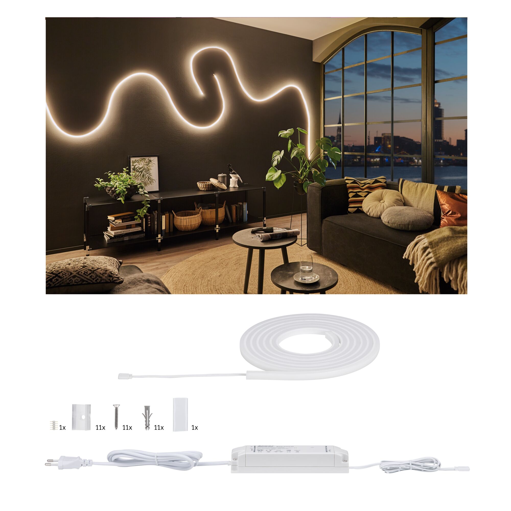 MaxLED Flow LED Strip Basisset Warmweiß 3m beschichtet 38W 1000lm/m 180 LEDs/m 2700K 50VA Flexibles LED-Lichtband in Weiß mit Zubehör für kreative Wandbeleuchtung im Wohnzimmer.