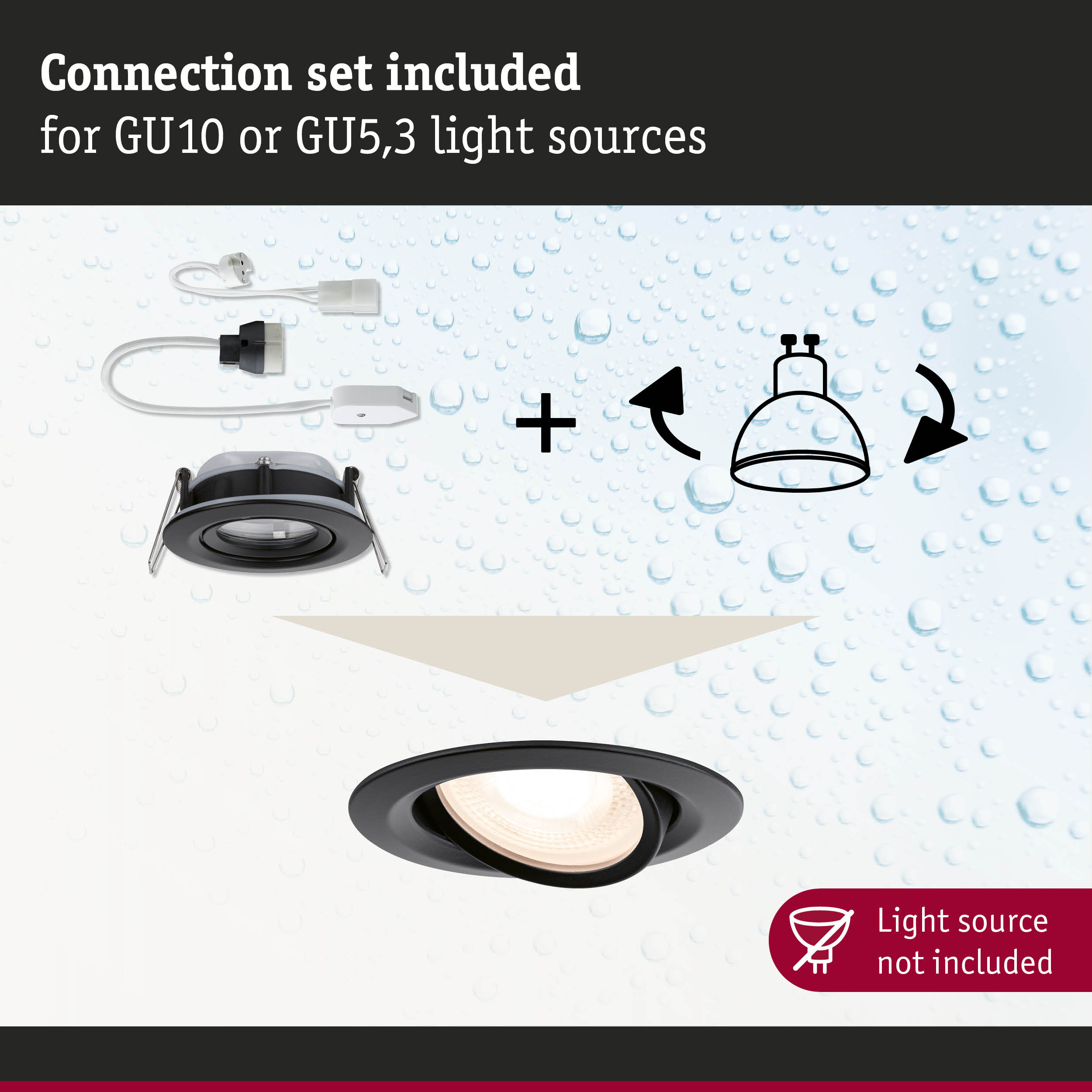 Black recessed spotlight with connection set and cables for GU10 GU5,3 LED light sources