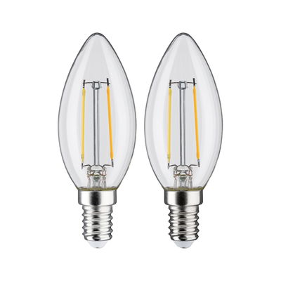 Two clear LED candle bulbs with E14 base and visible yellow filaments for energy-saving lighting