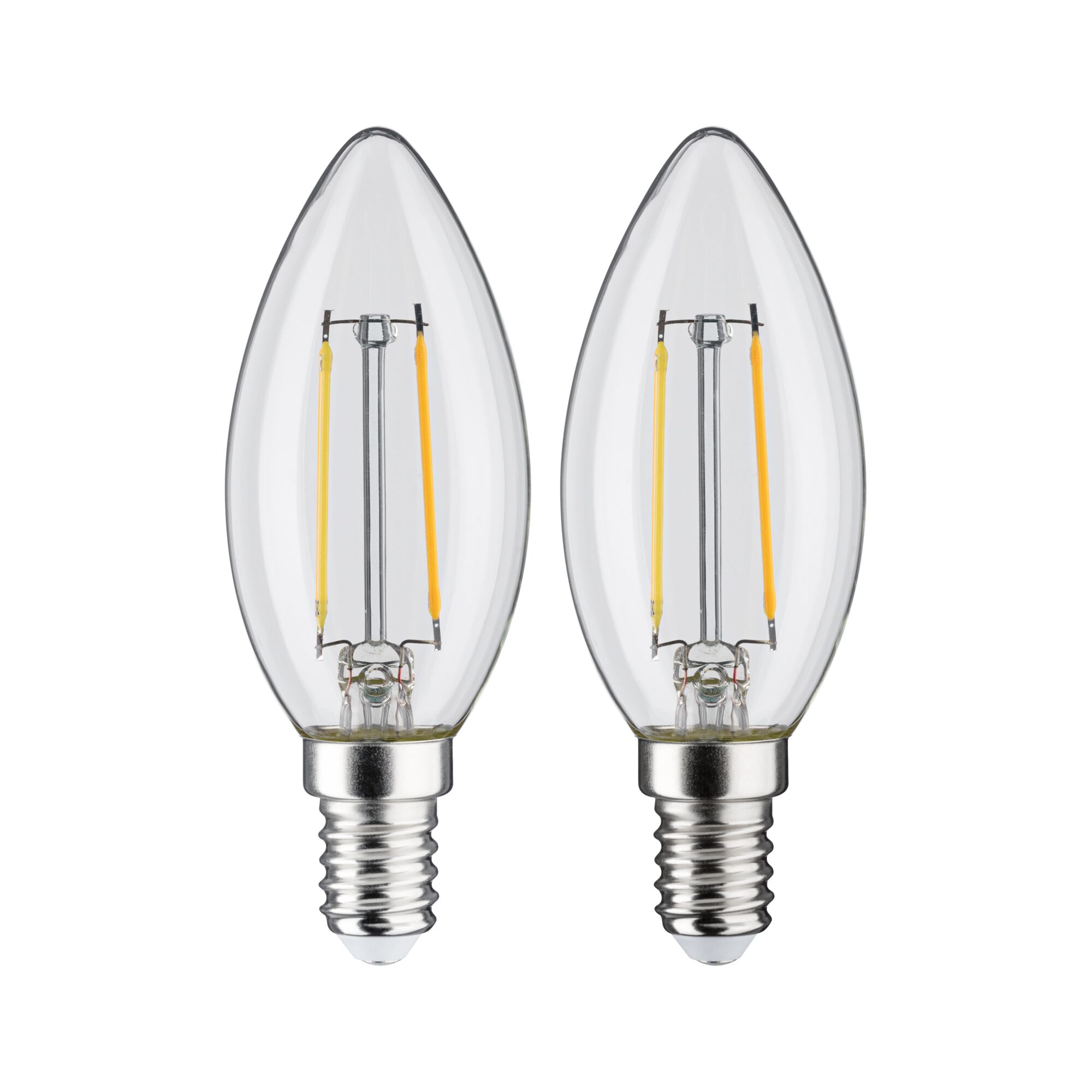 Zwei klare LED-Kerzenlampen mit E14-Fassung und sichtbaren gelben Filamenten für energiesparende Beleuchtung
