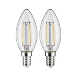 Zwei klare LED-Kerzenlampen mit E14-Fassung und sichtbaren gelben Filamenten für energiesparende Beleuchtung