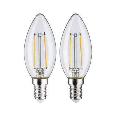 Zwei klare LED-Kerzenlampen mit E14-Fassung und sichtbaren gelben Filamenten für energiesparende Beleuchtung