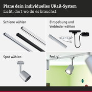 Modulares URail-Schienensystem mit weißen und schwarzen Schienen, Steckern und silbernem Spot für flexible Beleuchtung