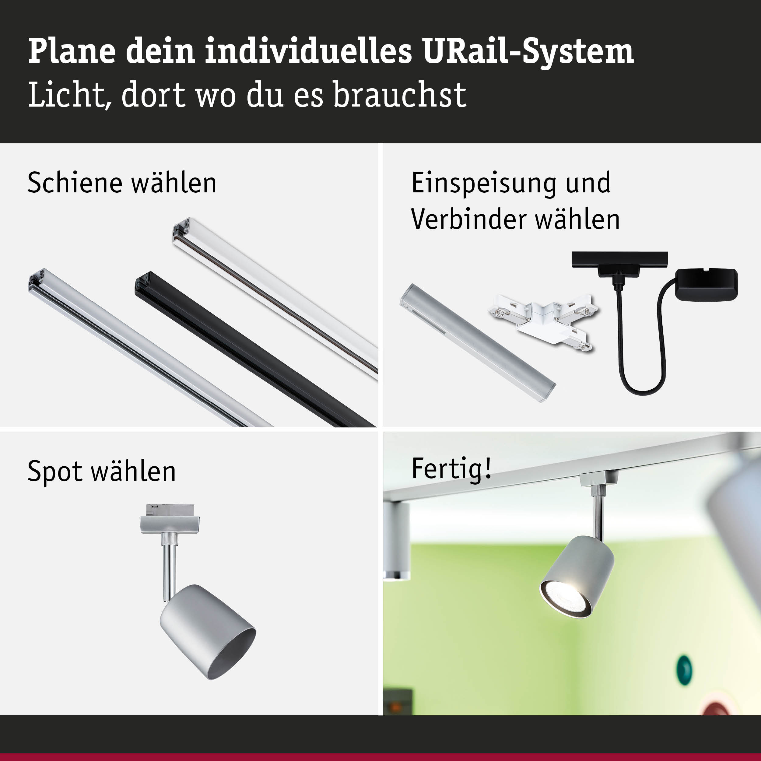 Modulares URail-Schienensystem mit weißen und schwarzen Schienen, Steckern und silbernem Spot für flexible Beleuchtung
