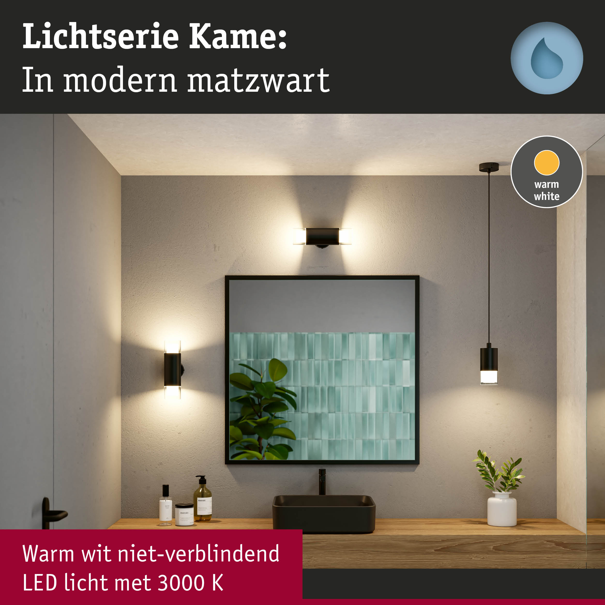 Moderne matte zwarte LED-wandlamp met warm wit 3000K licht in badkamer met spiegel en houten plank