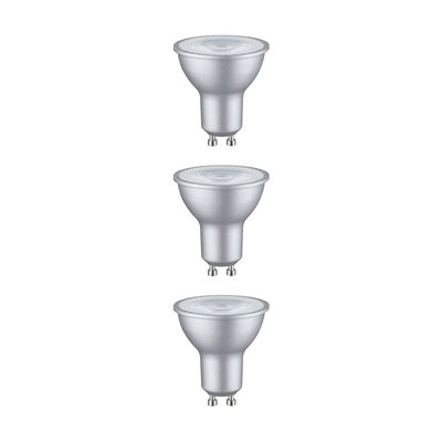Three silver GU10 LED spotlights with matte finish for energy-efficient lighting solutions