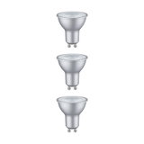 Three silver GU10 LED spotlights with matte finish for energy-efficient lighting solutions