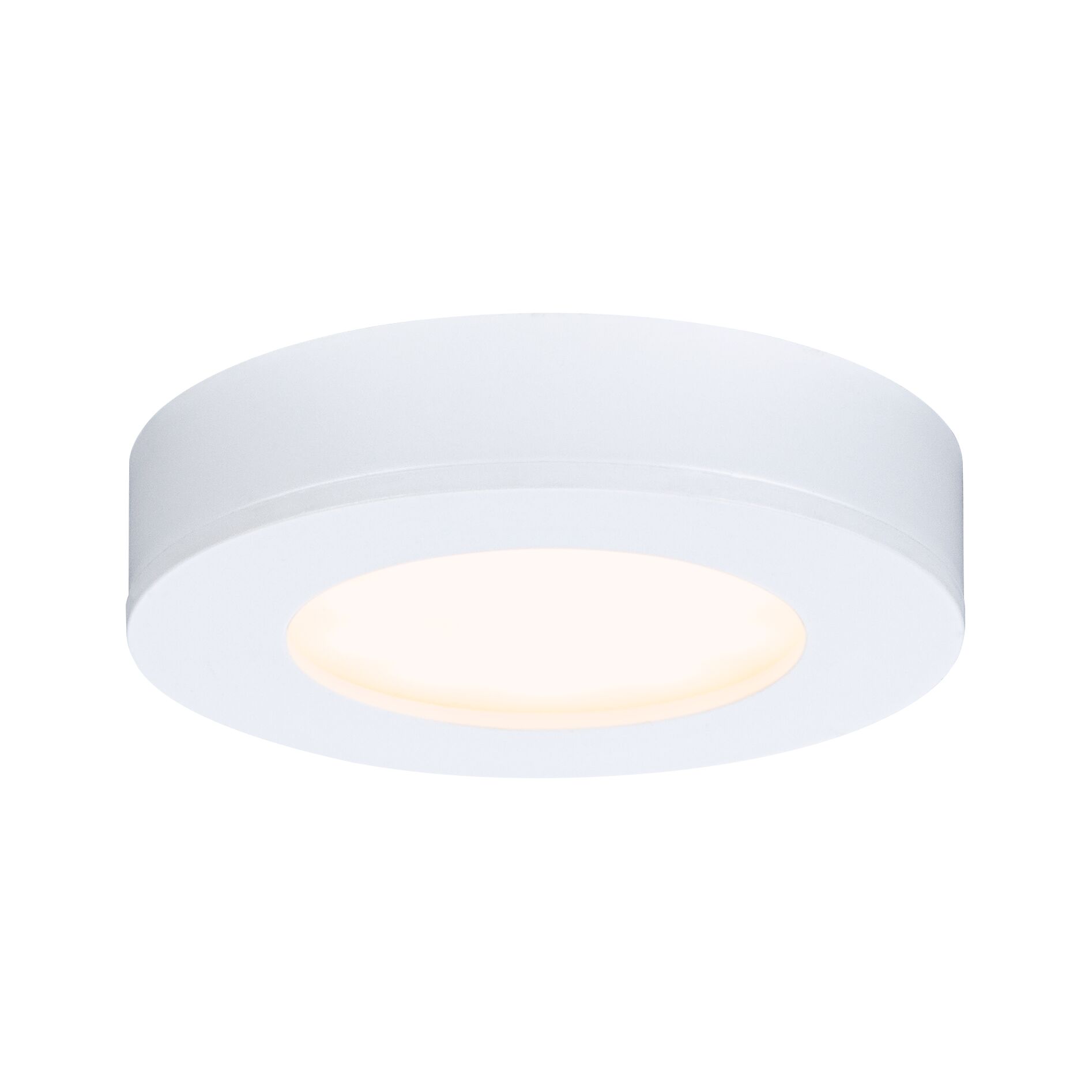Round white plastic LED ceiling light with warm white illumination for modern interiors