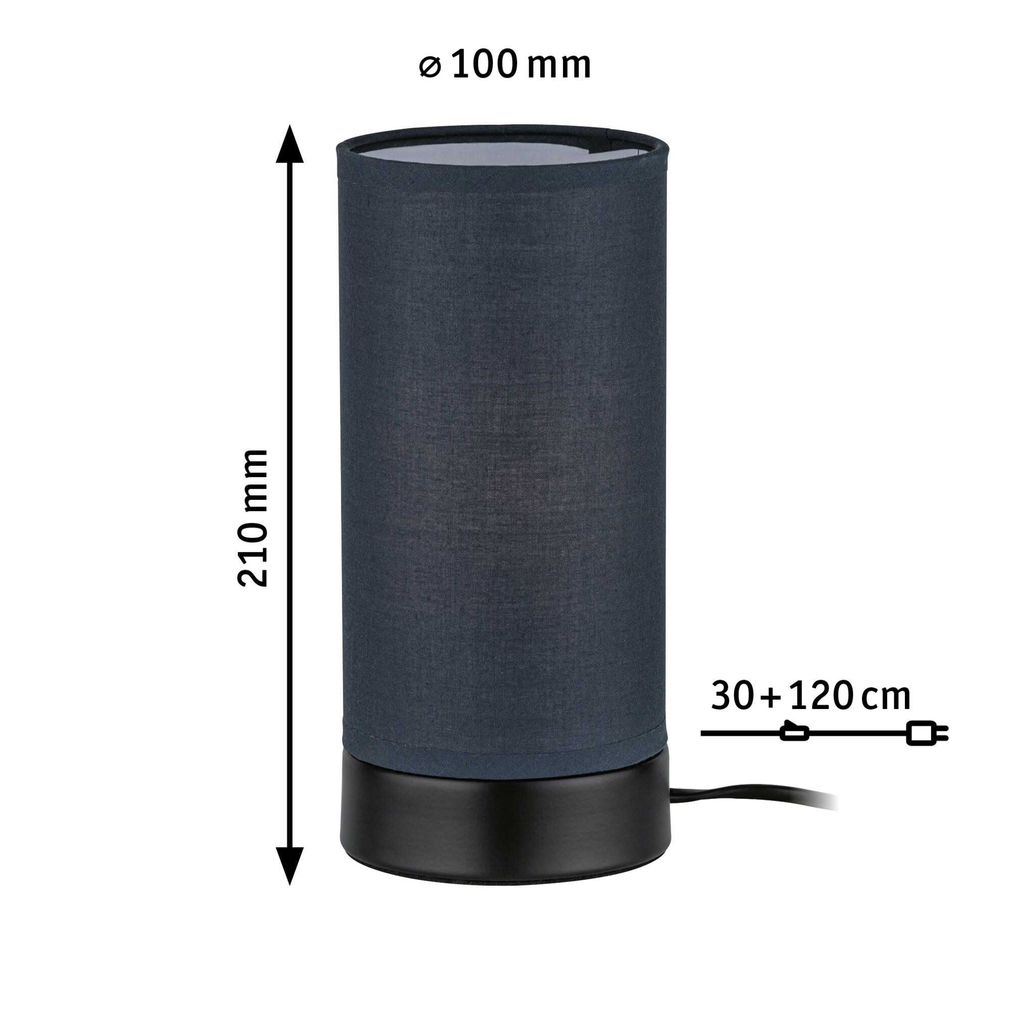 Black fabric table lamp 210 mm high, 100 mm diameter, 150 cm cable, modern LED lighting for home