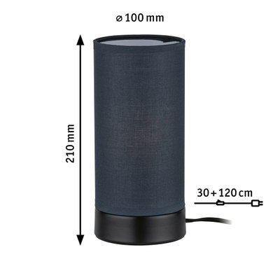 Black fabric table lamp 210 mm high, 100 mm diameter, LED plug with 150 cm cable for home lighting