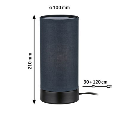 Black fabric table lamp 210 mm high, 100 mm diameter, 150 cm cable, modern LED lighting for home
