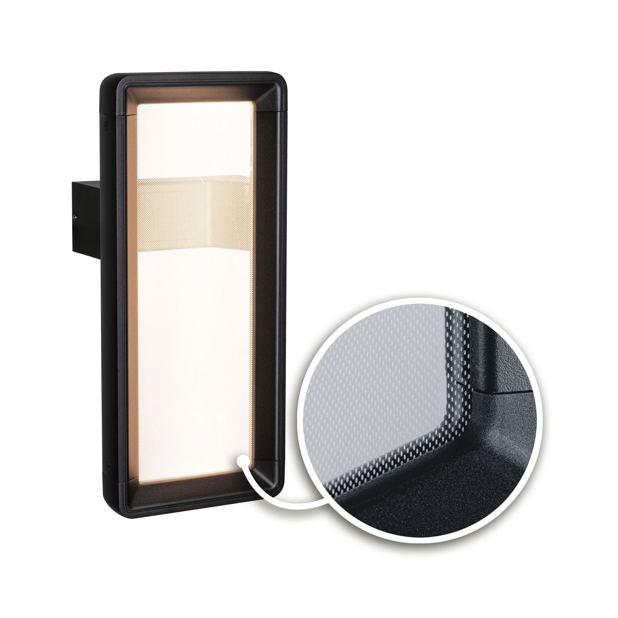 Black rectangular LED wall light with textured surface and warm white light for outdoor use