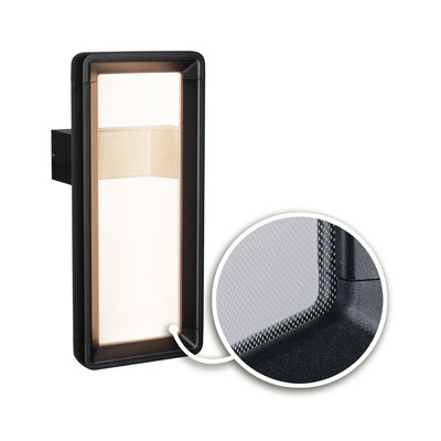 Black rectangular LED wall light with textured surface and warm white light for outdoor use