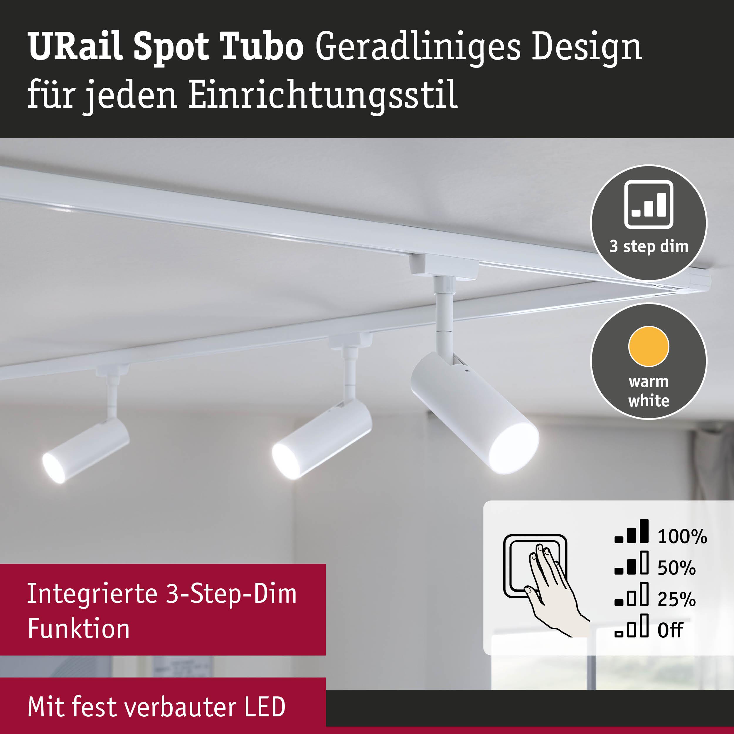 Weißer URail Spot Tubo LED-Strahler mit 3-Stufen-Dimmfunktion und warmweißem Licht an Decke.