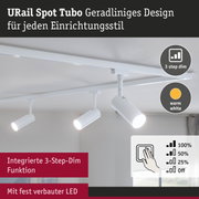 Weißer URail Spot Tubo LED-Strahler mit 3-Stufen-Dimmfunktion und warmweißem Licht für moderne Innenräume