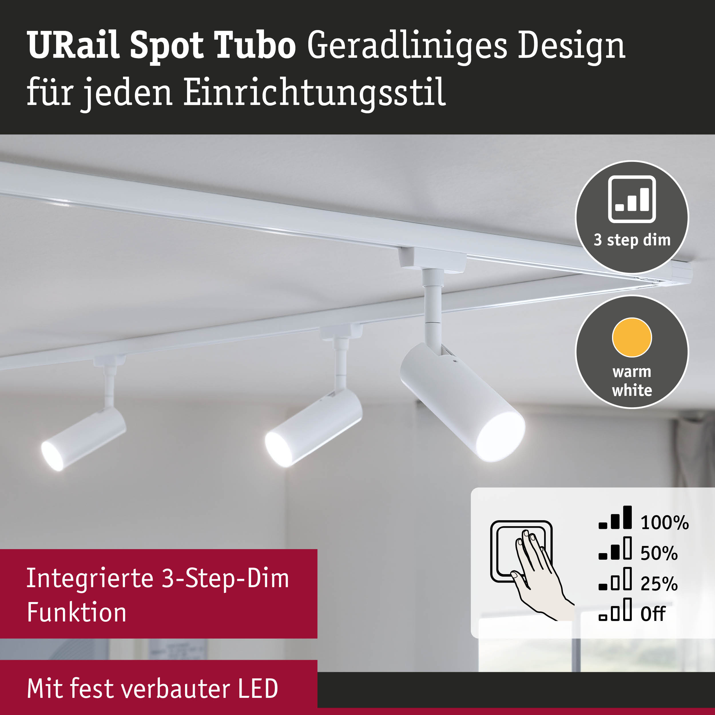 Weißer URail Spot Tubo LED-Strahler mit 3-Stufen-Dimmfunktion und warmweißem Licht für moderne Innenräume