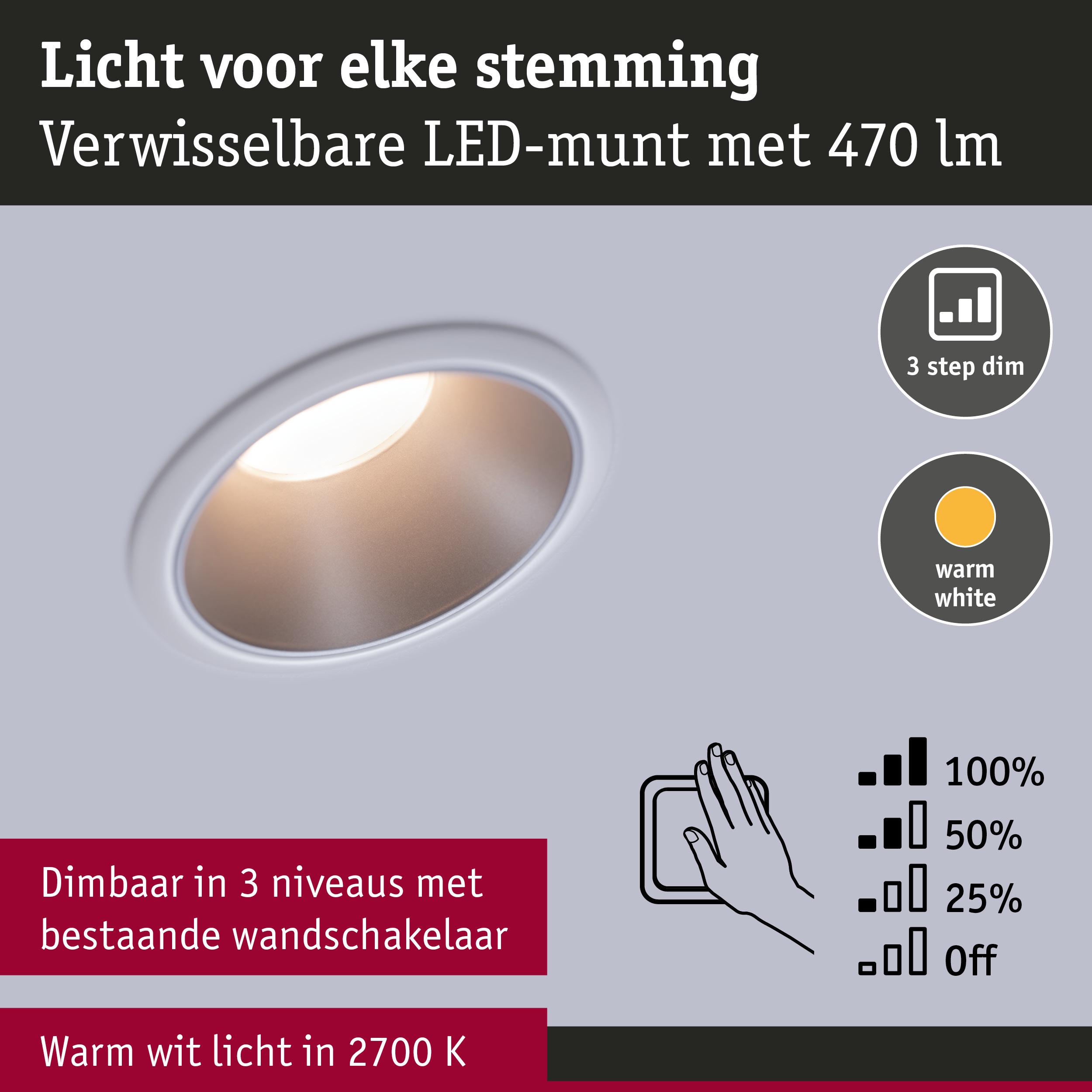 Witte LED-inbouwspot met warm wit licht 2700K en 3-traps dimfunctie via wandschakelaar