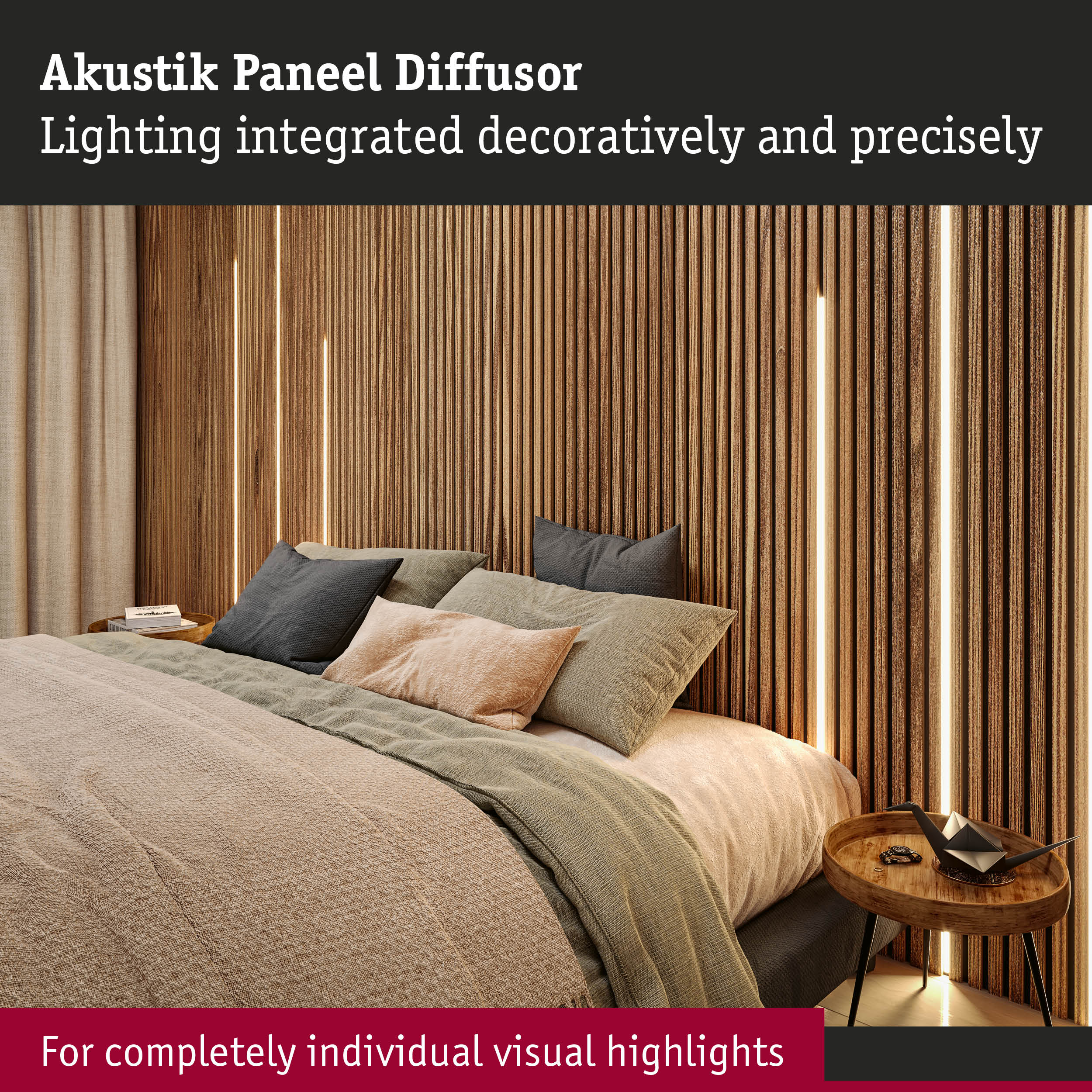 Wooden acoustic panel diffuser with integrated lighting for custom bedroom wall design