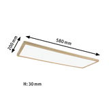 Rektangulært loftlys med træramme og hvid diffuser, mål 580x200x30 mm, LED-belysning