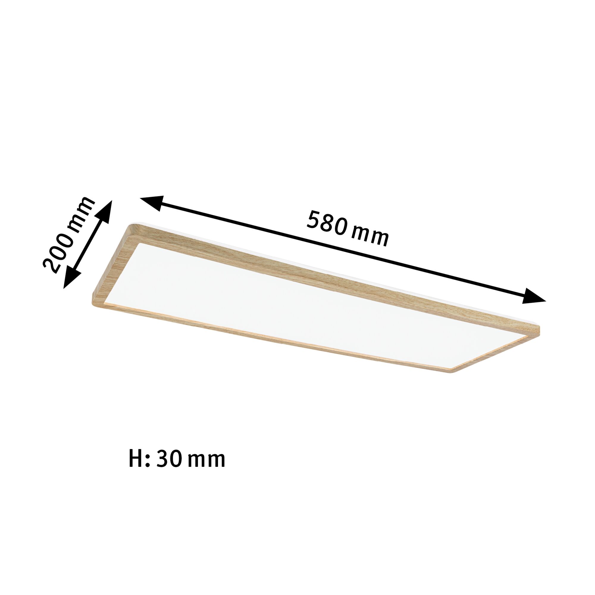 Rektangulært loftlys med træramme og hvid diffuser, mål 580x200x30 mm, LED-belysning