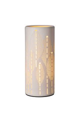 White ceramic lamp with delicate leaf patterns and warm light for cozy ambient lighting