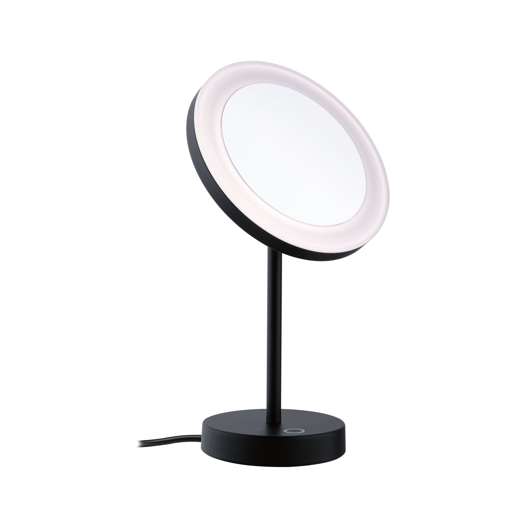 Black LED table mirror with round light and touch switch for precise makeup application.
