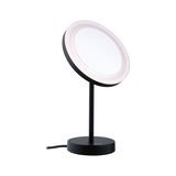 Black LED table mirror with round light and touch switch for precise makeup application.
