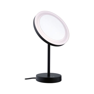Black LED table mirror with round light and touch switch for precise makeup application.
