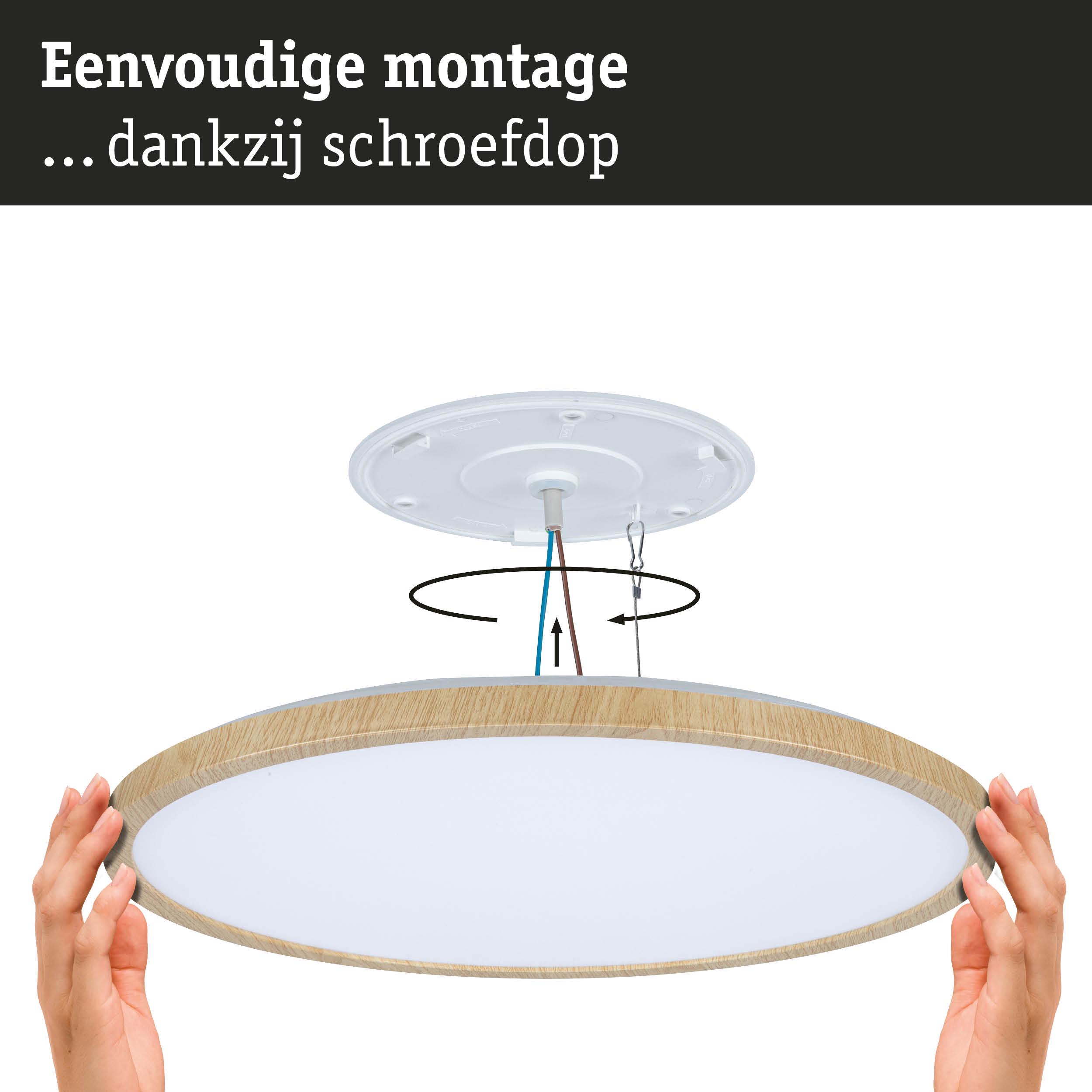 Montage van ronde plafondlamp met houten rand en witte diffuser dankzij schroefdop