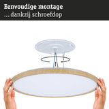 Montage van ronde plafondlamp met houten rand en witte diffuser dankzij schroefdop