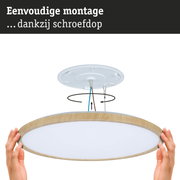 Ronde plafondlamp met houten frame en witte diffuser, eenvoudige montage met schroefdop