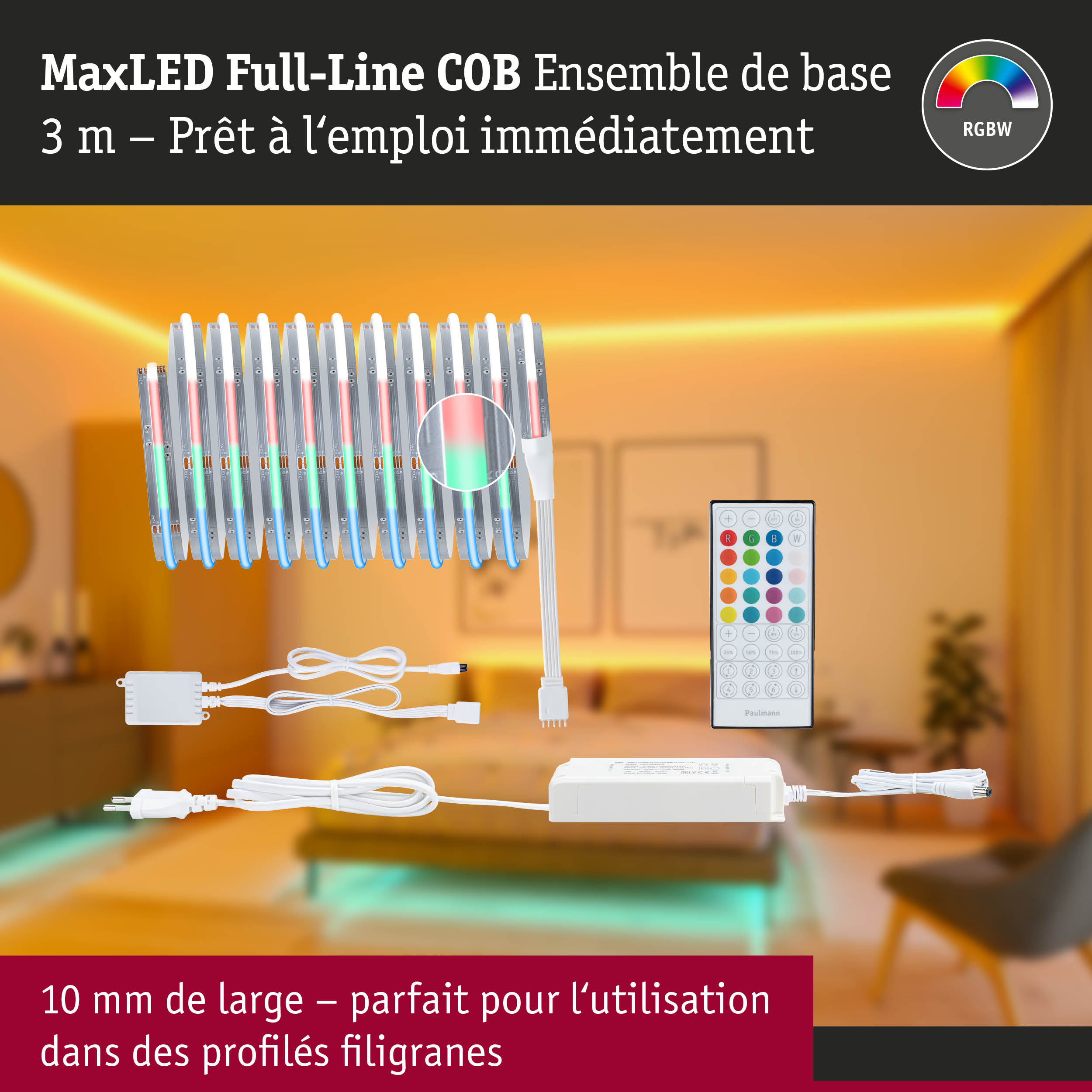 Bande LED MaxLED Full-Line COB 3 m avec télécommande et alimentation pour contrôle RGBW