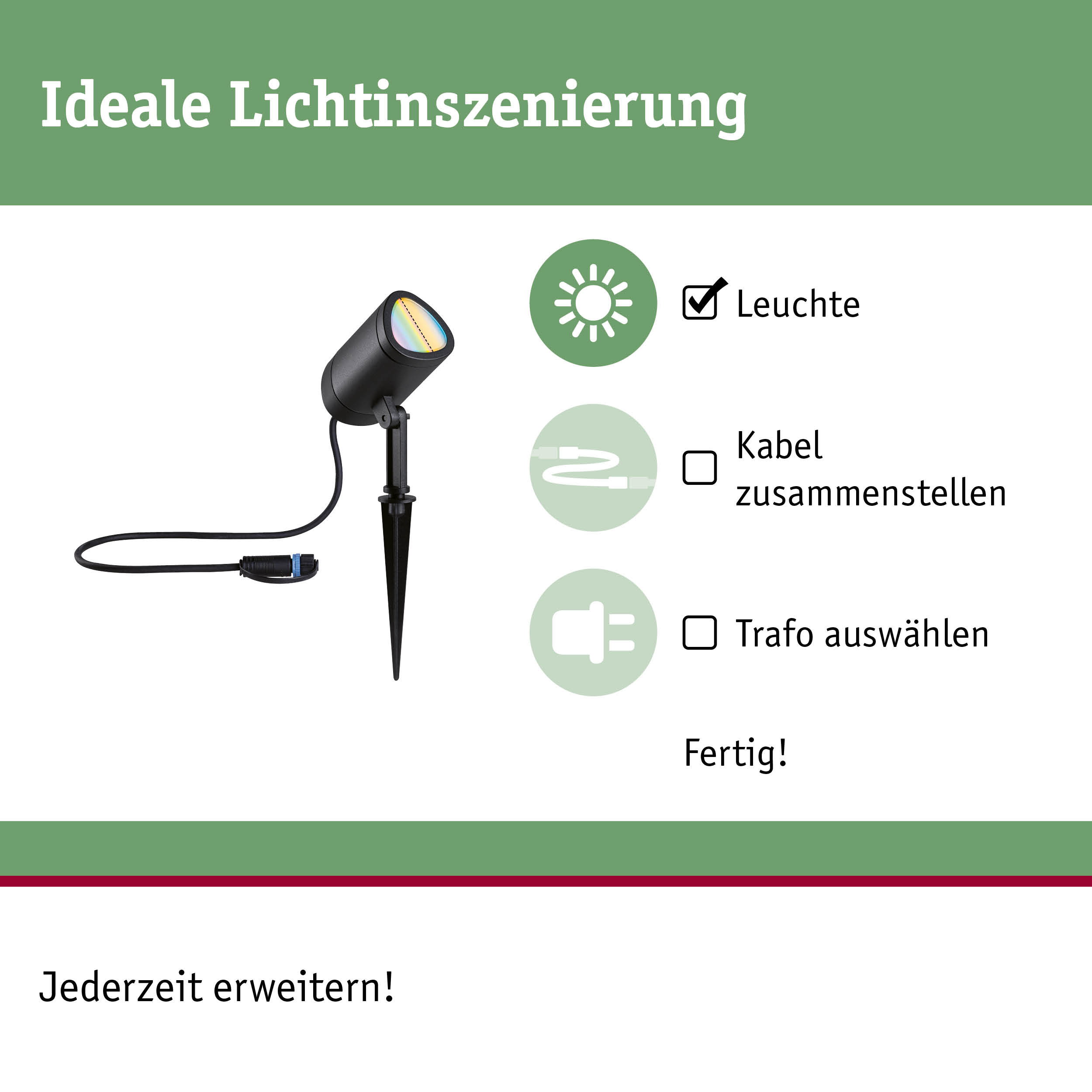 Schwarze Außenleuchte mit Erdspieß und Kabel für flexible Gartenbeleuchtung und Lichtinszenierung