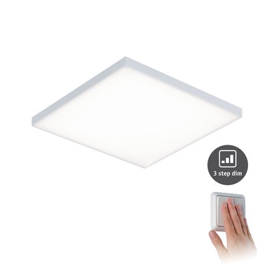 White square LED ceiling panel with 3-step dimming and wall switch for versatile home lighting