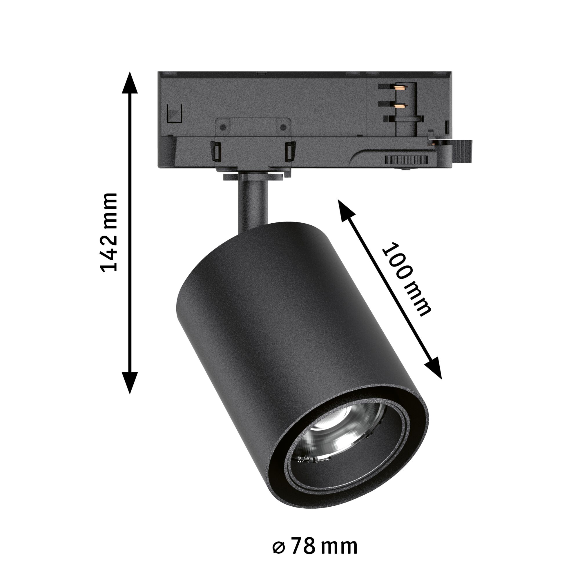 Black metal LED spotlight with 78 mm diameter and 142 mm height for modern indoor lighting solutions.