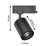 Black metal LED spotlight with 78 mm diameter and 142 mm height for modern indoor lighting solutions.